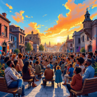 A diverse crowd gathers in a vibrant street at sunset, embodying the spirit of storytelling and connection, reminding us that every human being is a story waiting to be told.