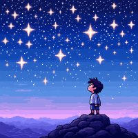 A young boy stands on a rocky outcrop, gazing up at a sparkling night sky filled with countless stars, embodying the sentiment of listening to dreams and the cosmos.