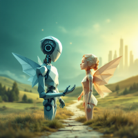 A robotic figure and a fairy-like being stand on a winding path in a serene landscape, contemplating their connection amidst a distant futuristic city.