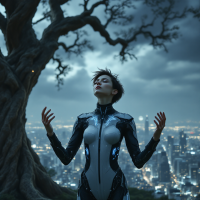 A figure in a sleek, futuristic suit stands with arms outstretched against a twilight cityscape, embodying transformation amidst a gnarled tree, reflecting the journey of personal growth.