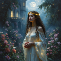 A serene woman in a flowing white gown stands among blooming roses, illuminated by soft lights, under a moonlit sky, embodying the peace found in seclusion.