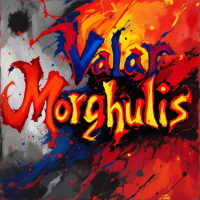 A vibrant, abstract painting features the phrase Valar Morghulis in bold, stylized letters, surrounded by dynamic splashes of red, orange, and blue against a contrasting background.