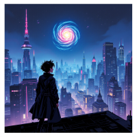 A figure in a long coat stands on a rooftop, gazing at a swirling galaxy above a vibrant, futuristic cityscape, embodying the tension of approaching the unknown.