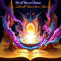 An open book with a glowing portal at its center is surrounded by swirling magical energy. Shadows and a fierce creature loom, embodying the balance of inner demons and heroism.