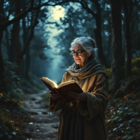 An elderly woman in a brown cloak reads a book while standing on a winding forest path, surrounded by misty trees, embodying the journey of knowledge and heartfelt wisdom.