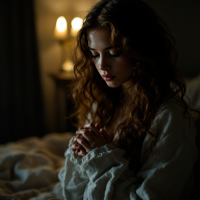 A woman with long, wavy hair sits on a bed, eyes closed and hands clasped in prayer. Soft light from lamps casts a warm glow in a serene, introspective atmosphere.