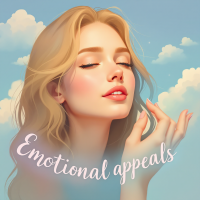 A serene woman with flowing blonde hair gently touches her face, smiling softly against a backdrop of blue skies and fluffy clouds, illustrating the power of emotional appeals.