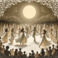 A moonlit scene depicts a circle of dancers in flowing gowns, surrounded by an audience witnessing the beauty of human connection and reflection in a serene, ethereal atmosphere.