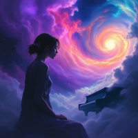 A contemplative woman sits beside a piano amidst swirling clouds of vibrant colors, embodying the transformative power of dedication and practice in achieving greatness.