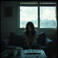 A woman sits on a couch, gazing down at a book in front of her, surrounded by a dimly lit room. The window behind her frames a distant cityscape, evoking a sense of detachment and apathy.