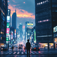 A solitary figure stands at a bustling intersection, surrounded by towering skyscrapers illuminated by vibrant neon signs under a dramatic sky, reflecting on the unnoticed signs of fate.