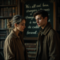 A thoughtful young woman and man stand close together in a library, embodying the quote about being born strangers to ourselves and each other, with bookshelves and an inspirational chalkboard behind them.