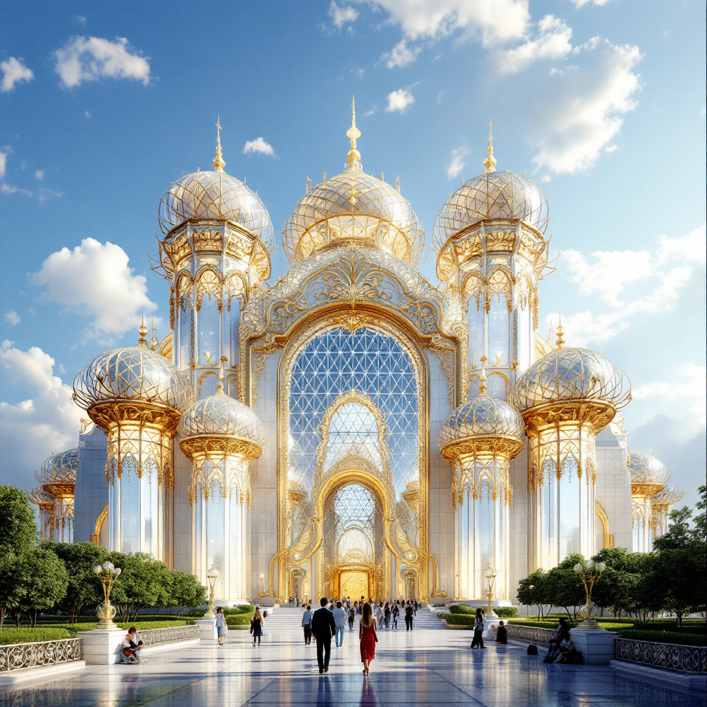 The Whisper Palace features magnificent glass cupolas and domes supported by gilded titanium braces, creating an awe-inspiring ceremonial residence under a bright sky.