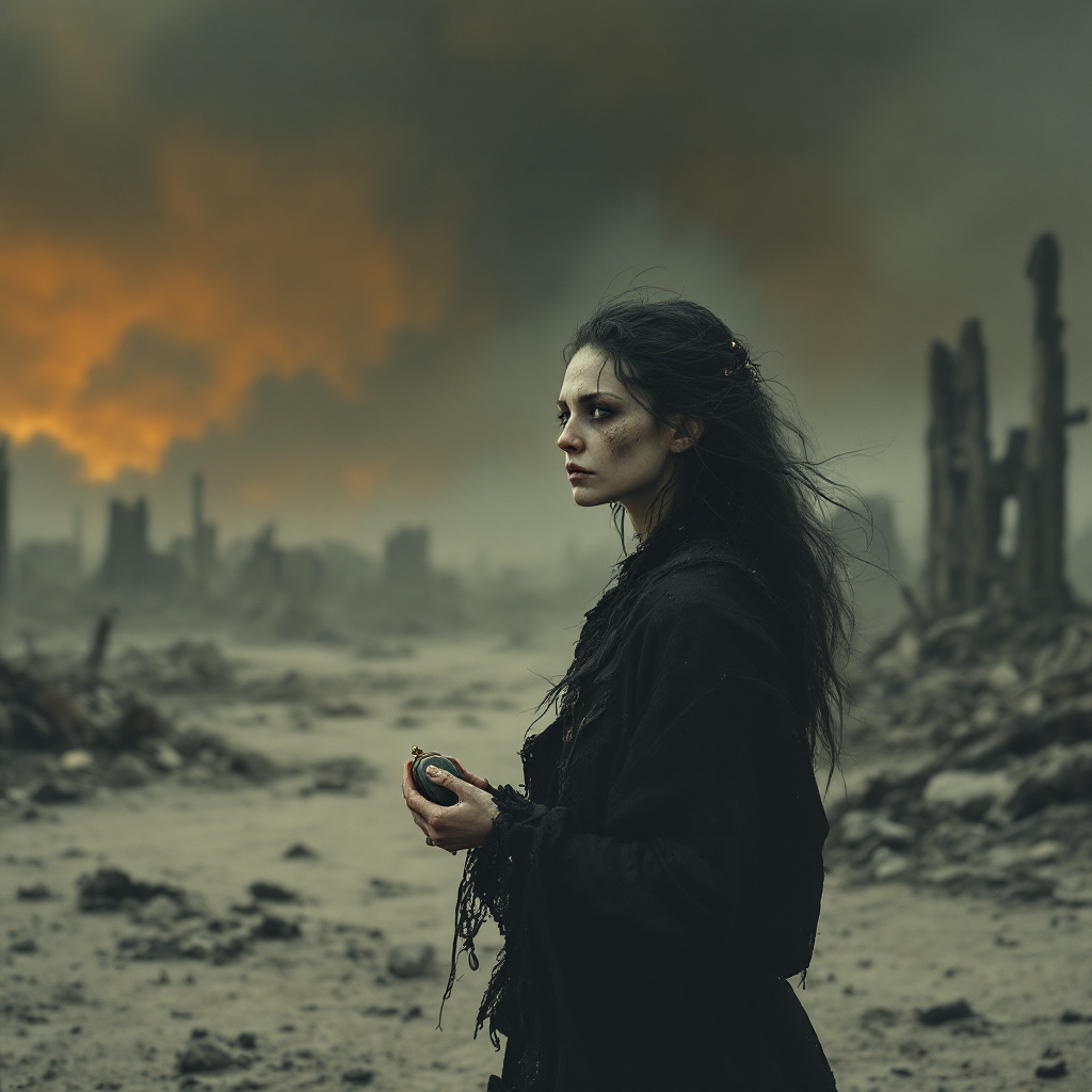 A solitary figure stands amidst a desolate landscape of ash and ruins, reflecting on the remnants of the past as smoke billows against an ominous, fiery sky.