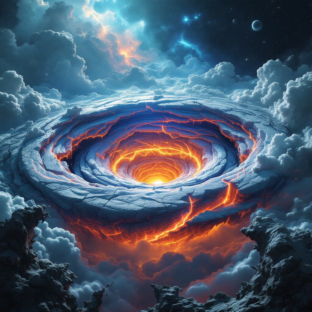 A massive, swirling formation of fiery orange and blue emerges from a rocky surface, resembling a blooming flower against a backdrop of clouds and distant celestial bodies.