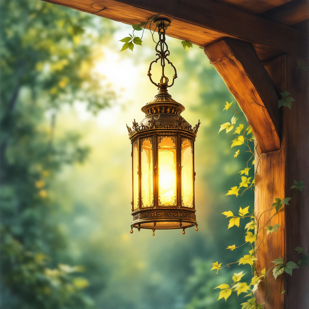 A beautifully designed lantern hangs from a wooden eave, casting a warm glow against a blurred backdrop of green foliage, reflecting a profound appreciation for love and light.