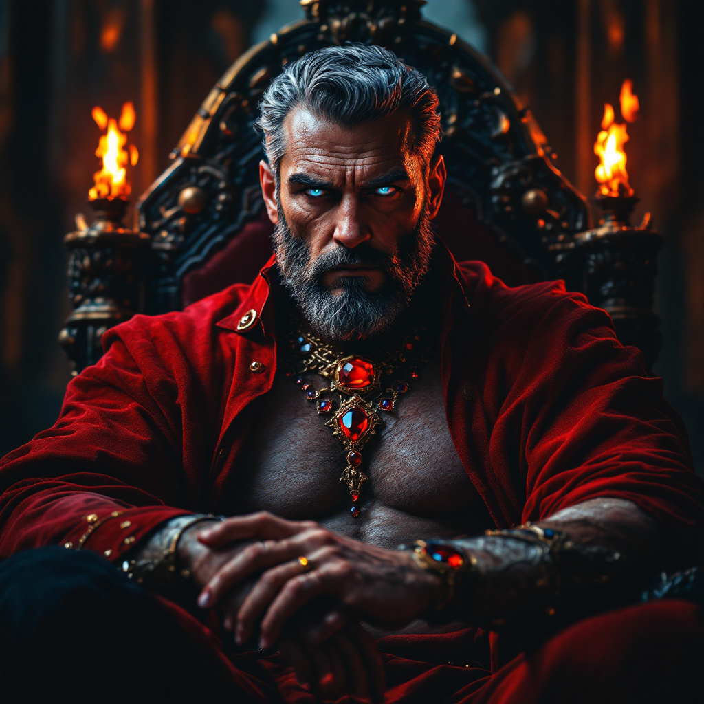 A regal man with a muscular build sits on a throne, adorned in a crimson robe. He wears striking jewelry, exuding power and vulnerability to allure, embodying a king's complex nature.