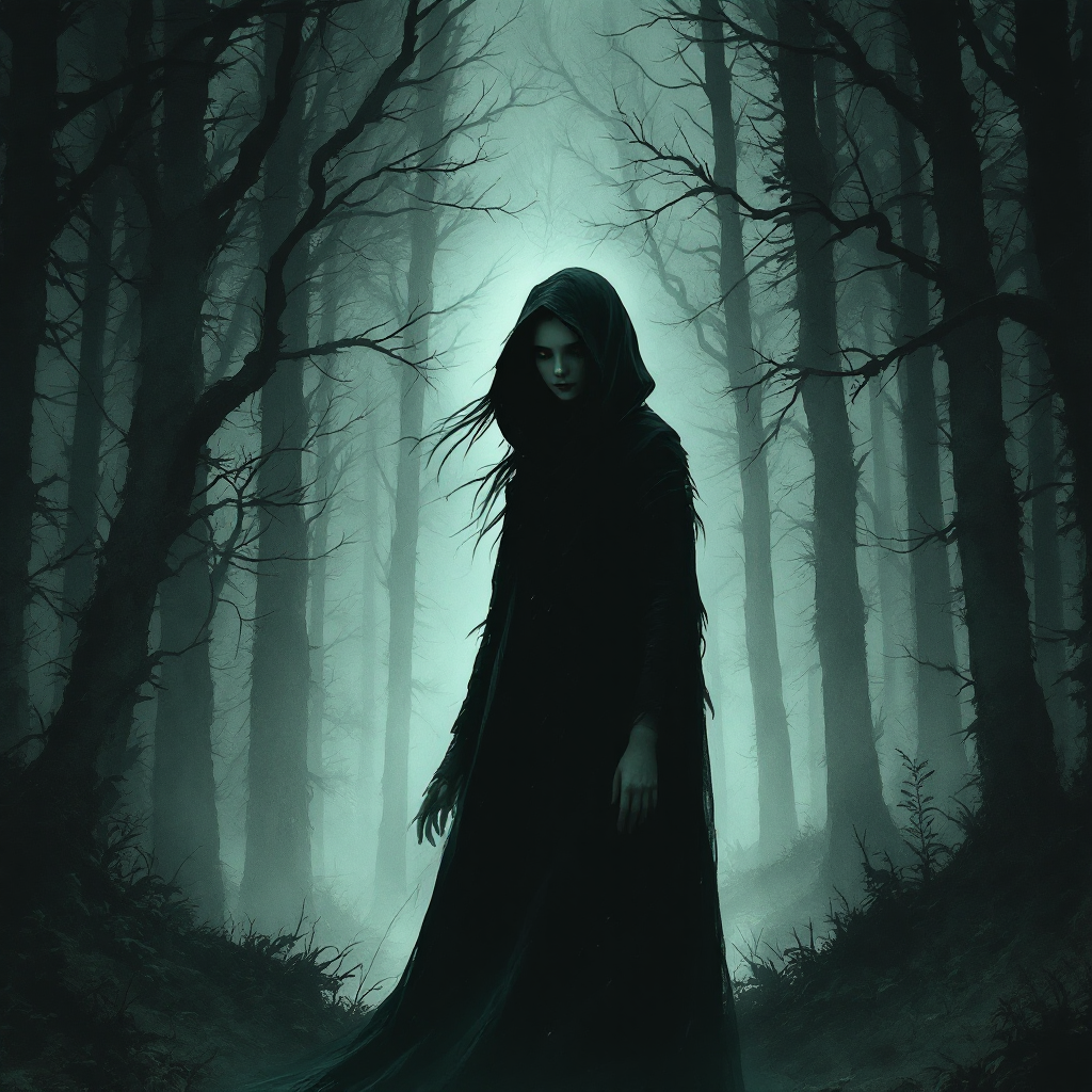 A cloaked figure stands in eerie, dimly lit woods, shrouded in mist. The atmosphere conveys an unsettling sense of the unseen, embodying the quote, You can’t fight what you can’t see.