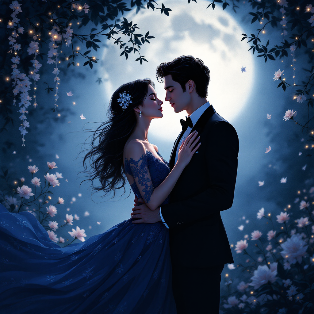 A couple embraces under a moonlit sky, surrounded by blossoming flowers, embodying love's beauty in uncertainty and the dance with the unknown. Their connection radiates warmth and intimacy.