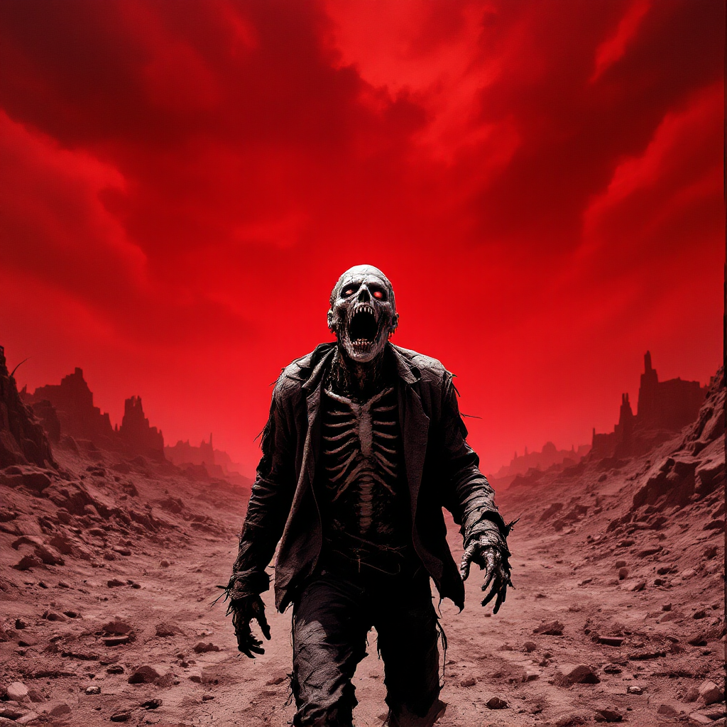 A skeletal zombie stands amidst a desolate landscape under a blood-red sky, embodying the chaos and rule changes of a zombie apocalypse.