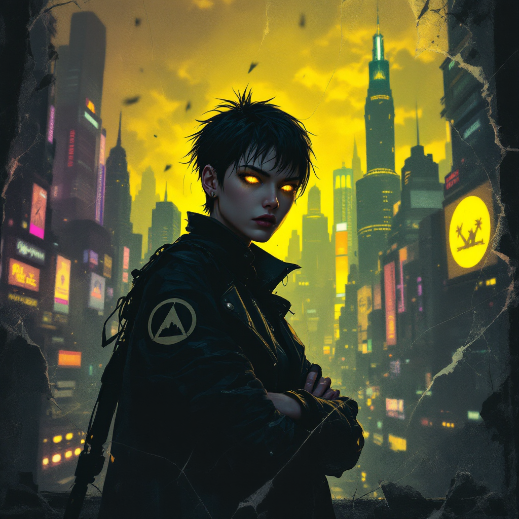 A figure with glowing eyes stands confidently in a dark, futuristic cityscape, embodying the tension of moral dilemmas where right and wrong blur.