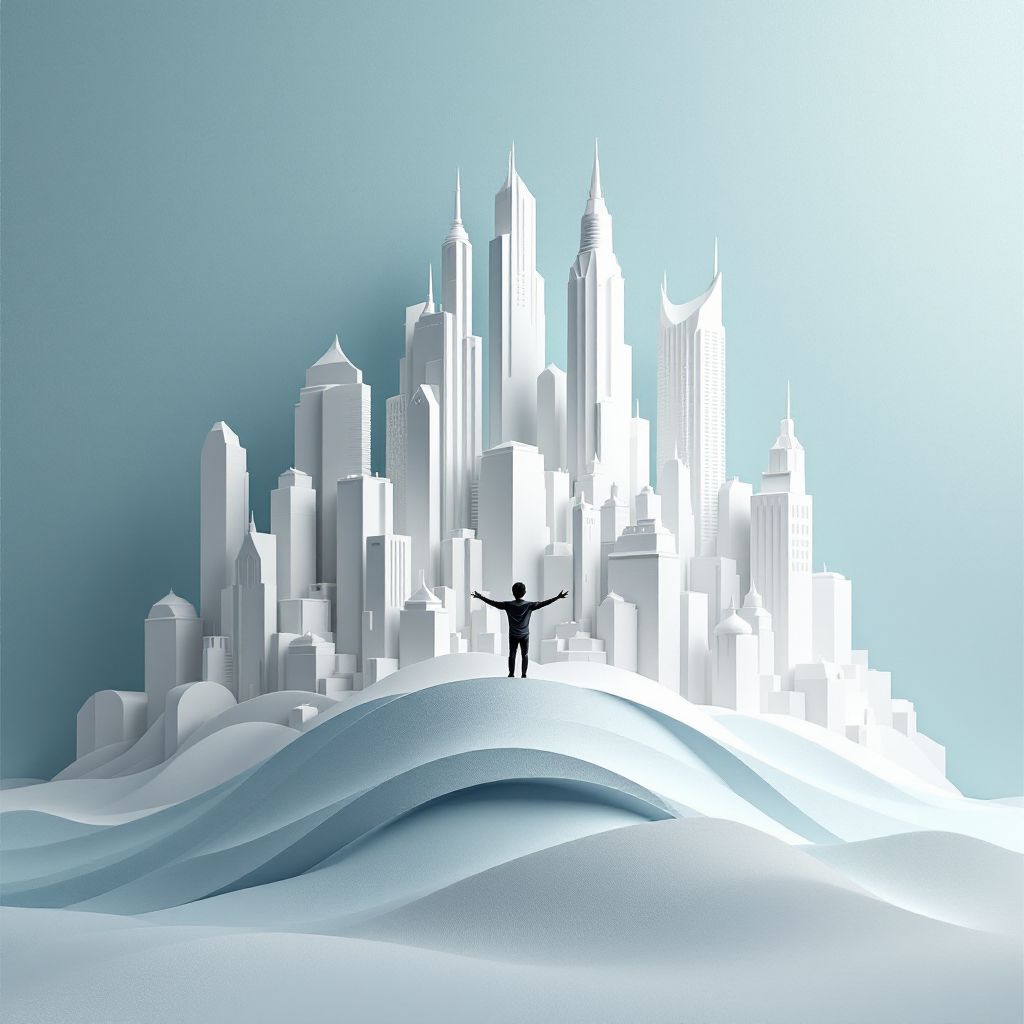 A silhouetted figure stands atop a snowy wave, arms outstretched toward a sprawling, white city skyline, embodying the power of imagination and innovation in fiction.