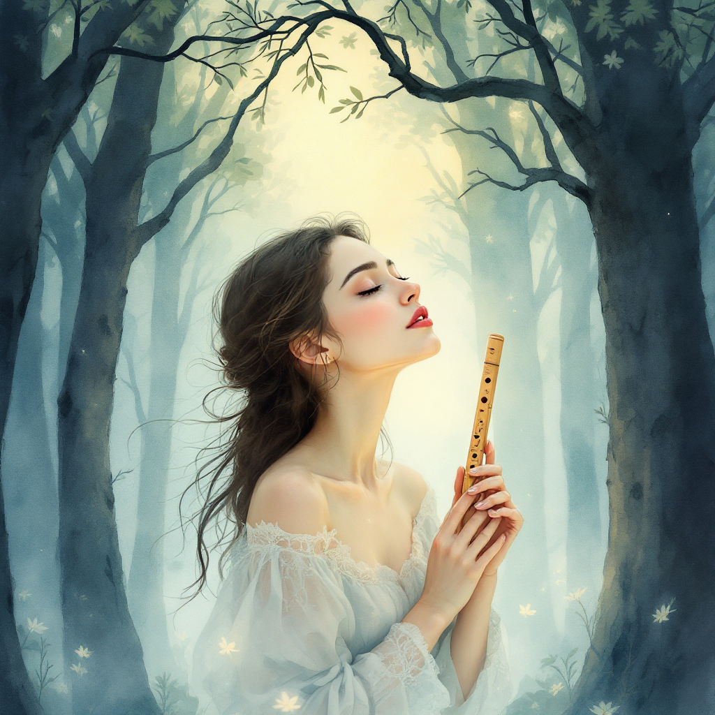 A mystical forest scene featuring a woman in a flowing white dress, gently holding a flute, with soft light filtering through tall, dark trees, embodying the contrast between fear and courage.