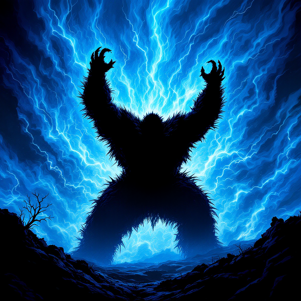 A powerful silhouette of a monstrous figure stands against a backdrop of swirling blue lightning, embodying the quote, Better be a monster than a victim.