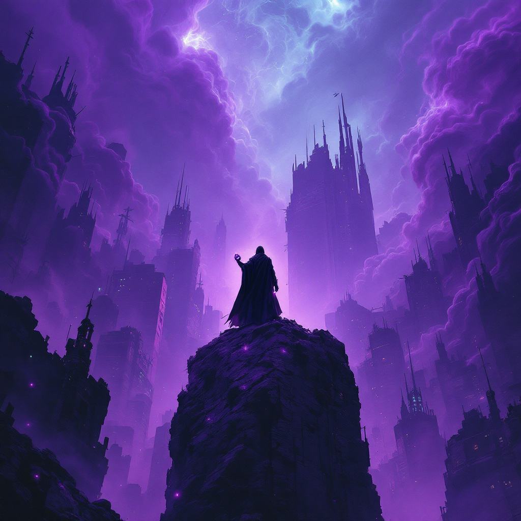 A dark figure stands atop a rocky outcrop, gazing over a mystical city bathed in purple and blue hues, evoking the idea of divine play in the universe's design.