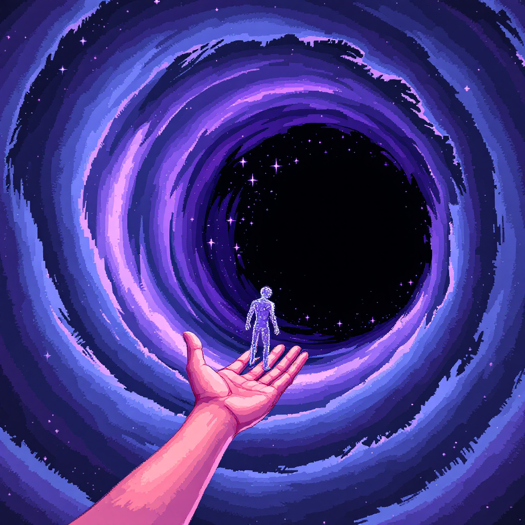 A hand reaches out toward a swirling, colorful vortex that represents a wormhole, with a tiny figure standing on the palm, symbolizing the concept of touching the black hole at its end.