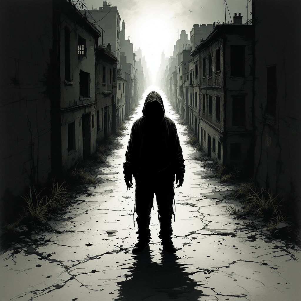 A solitary figure in a dark hoodie stands in the middle of a cracked, desolate street, surrounded by abandoned buildings, evoking the haunting theme of distrust in oneself and others.