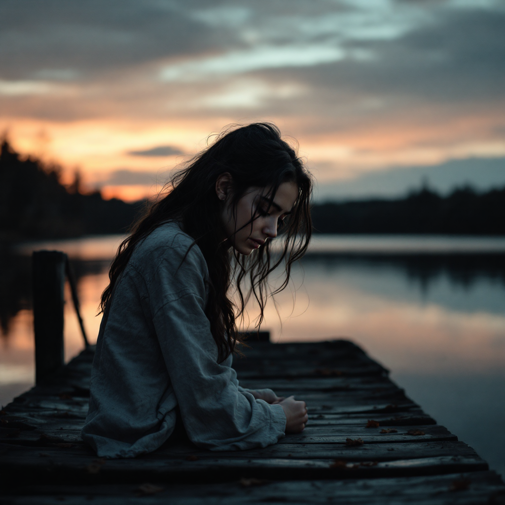 A young woman sits on a wooden dock at sunset, gazing down at the water, embodying feelings of pain and introspection as quoted, When all you can see is your pain, you lose sight of me.