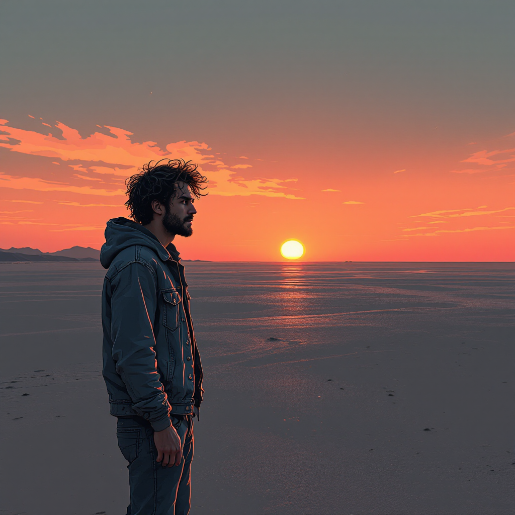 A man stands alone on a shore at sunset, contemplating the horizon, embodying the quote about life's questions and the importance of personal reflection and responsibility.