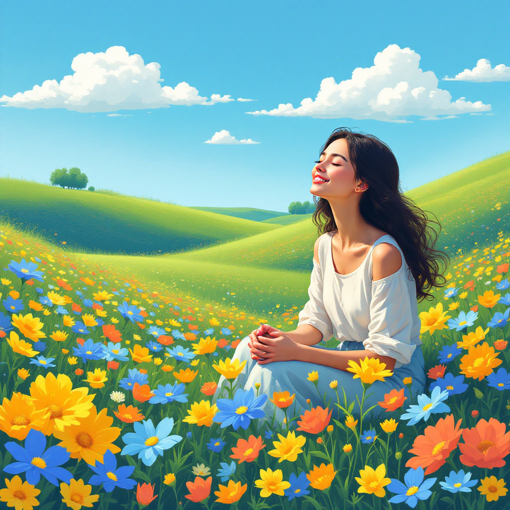 A woman sits peacefully amidst a vibrant field of wildflowers, embodying the essence of happiness as something created, not purchased, under a bright blue sky with fluffy clouds.