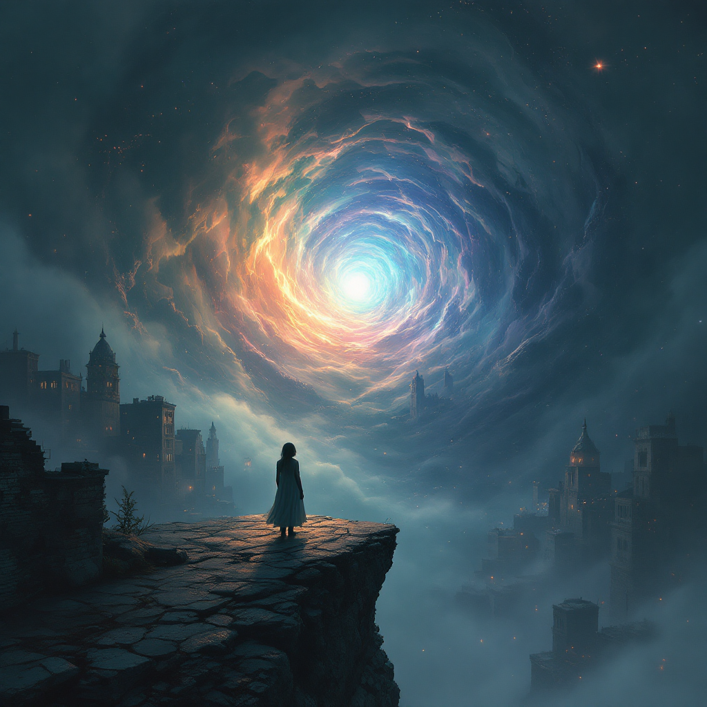 A figure stands on a cliff, gazing toward a swirling, luminous vortex against a backdrop of misty ruins, symbolizing the influence of the past on our identities.