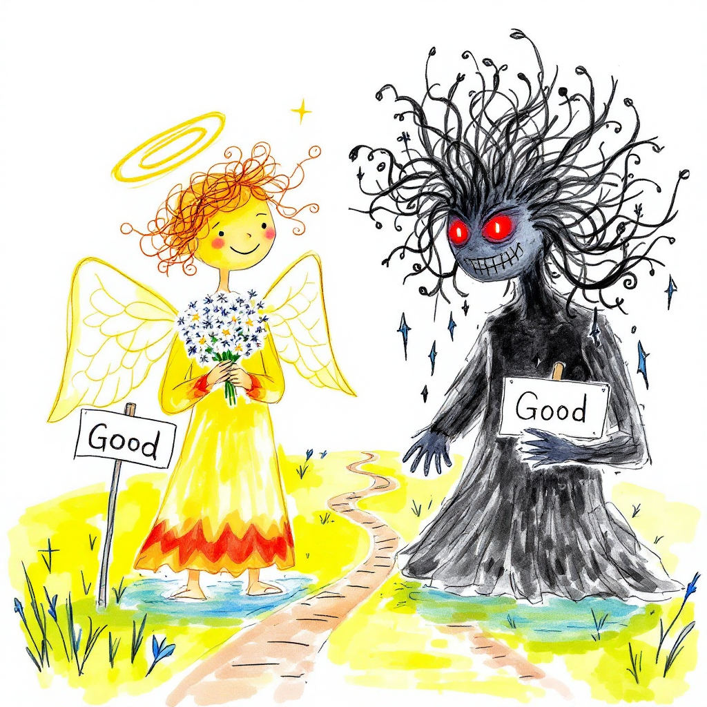 A whimsical illustration depicts a cheerful angel holding flowers alongside a shadowy figure with wild hair, both standing on a path labeled Good, highlighting the internal human conflict between good and evil.