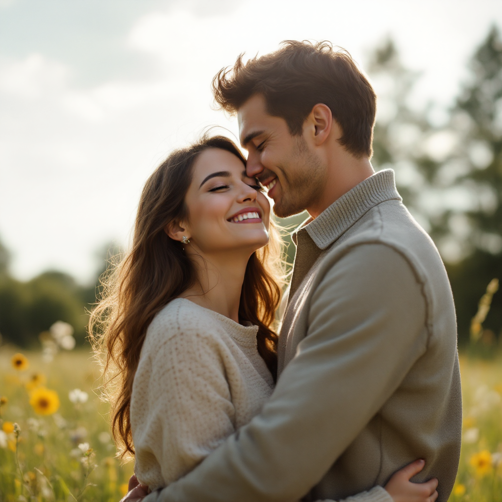 A joyful couple embraces in a sunlit field of wildflowers, perfectly capturing the essence of love and happiness, resonating with the sentiment, There is no greater happiness than to have somebody to love.