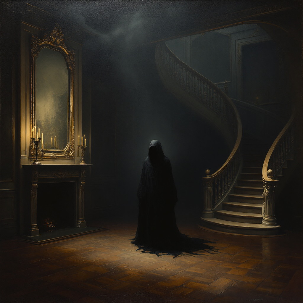 A shadowy figure in a darkened room stands before a large mirror, candles flickering softly on the mantel, evoking a sense of foreboding and an impending sense of dread.