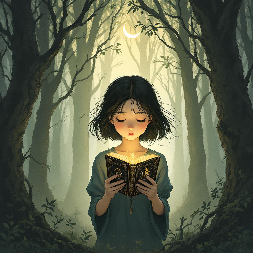 A young girl stands in a mystical forest, reading a book that glows softly. The serene atmosphere conveys the idea that what seems like a curse can reveal unexpected gifts.