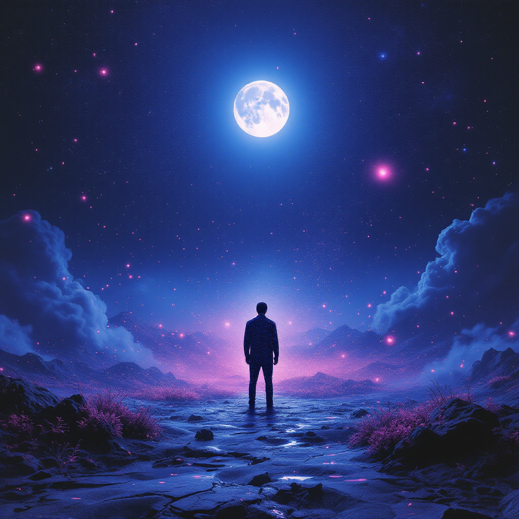 A figure stands on a mystical path under a glowing full moon, surrounded by vibrant colors and stars, embodying the essence of living in dreams and moonlight.