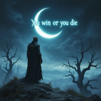 A cloaked figure stands on a hill under a crescent moon, overlooking a dark, misty landscape, with the words You win or you die glowing above them, evoking themes of power and fate.