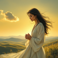 A woman in a flowing white dress stands in a sunlit field, her eyes closed and hands clasped in contemplation, embodying serenity and the essence of decisive moments.