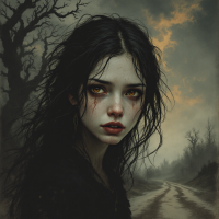 A somber young woman with messy dark hair and tear-streaked face stares pensively into the distance, framed by a gloomy landscape and a winding road, evoking themes of past burdens and moral responsibility.