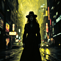 A silhouetted figure in a dark coat and hat stands in a neon-lit city, surrounded by swirling yellow lights, embodying the essence of confronting and understanding one's past.