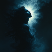 A silhouette of a woman with flowing hair emerges from darkness, illuminated by a bright, nebulous light, embodying the essence of transformation and release from fear.