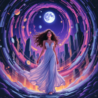 A woman in a flowing white dress walks through a swirling cosmos, surrounded by planets and a city skyline, embodying the concept of time stretching and contracting.