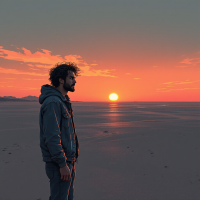 A man stands alone on a shore at sunset, contemplating the horizon, embodying the quote about life's questions and the importance of personal reflection and responsibility.