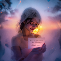 A serene woman holds a glowing note inscribed with the quote about dreams and courage, framed by a warm sunset and soft drapery, embodying determination and hope.