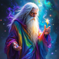 A mystical figure with long, flowing white hair and a vibrant, multicolored robe holds a luminous flower, embodying the quote about wisdom and greatness amid a cosmic backdrop.