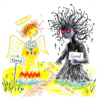 A whimsical illustration depicts a cheerful angel holding flowers alongside a shadowy figure with wild hair, both standing on a path labeled Good, highlighting the internal human conflict between good and evil.